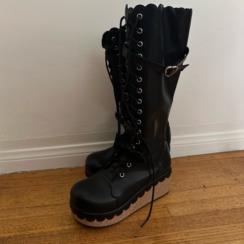 Black Lolita Gothic Lace-Up Platform Knee-High Cupcake Boots